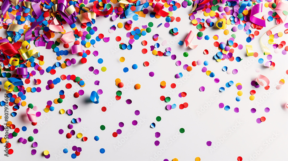 Obraz premium Top view of colorful confetti scattered on white background with copy space