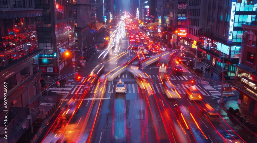 A bustling city intersection at dusk, cars streaking by with vibrant lights