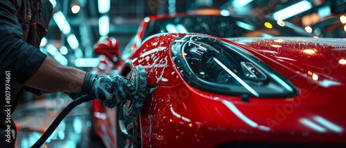 The image shows a professional car detailer using an electric polishing machine to work on the fender of a beautiful red sports car after it has been washed and detailed photo