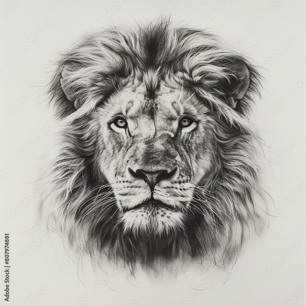 striking frontal view of a majestic lion in pen and ink, showcasing intricate details of its mane and fierce expression Add a touch of realism and depth to highlight its regal essence