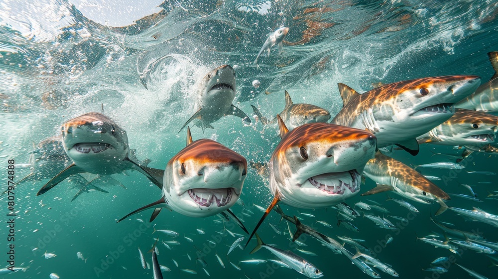 Sharks prey on a school of sardines in the open sea, World Environment