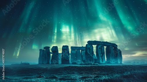  Stonehenge under an aurora.