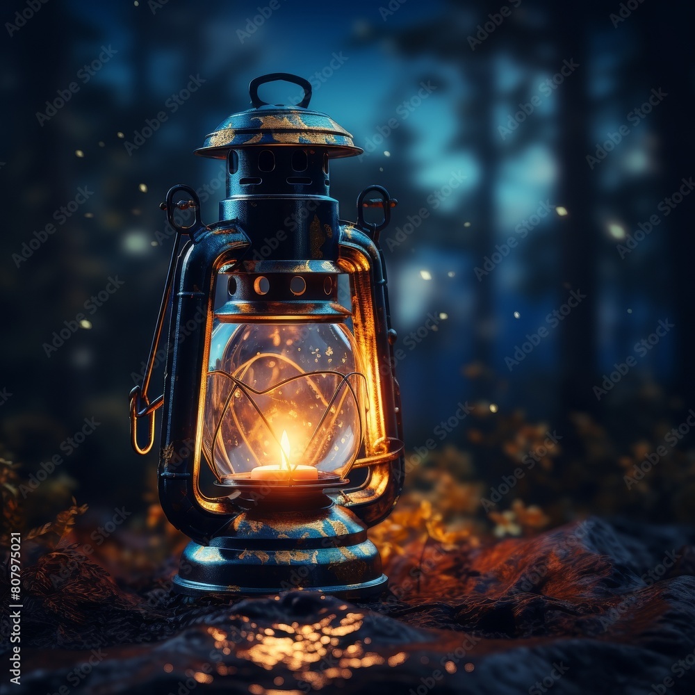 A camping lantern, glowing softly, centrally placed on a dark twilight background, creating a cozy and inviting space for night-time adventure texts.