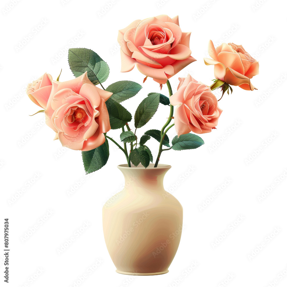 Elegant roses in a classic vase, ideal for romantic settings or sophisticated decor, isolated on transparent background