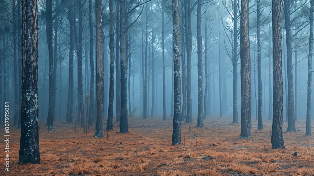 Naklejka premium Mystical pine forest with a blueish fog and a brown ground full of fallen pine straw.