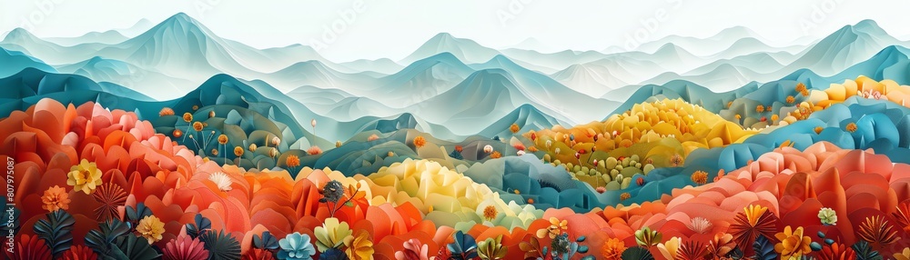 Fototapeta premium Capture the panoramic view of a vibrant landscape made entirely of various nutritional supplements, showcasing a harmonious blend of color and texture using digital rendering techniques