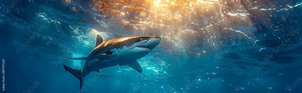 Fototapeta premium Sharks prey on a school of sardines in the open sea, World Environment Day, environmental protection theme, ecological environment, biodiversity, ecological balance, survival of the fittest 