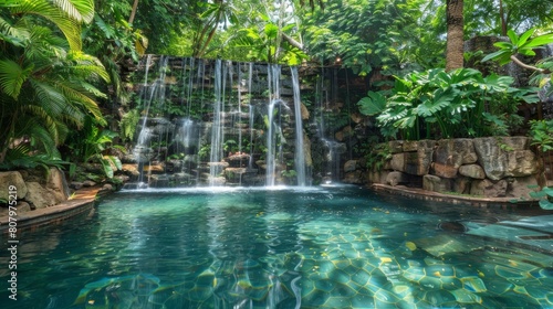 The AI-generated photo is a beautiful waterfall in a lush green jungle