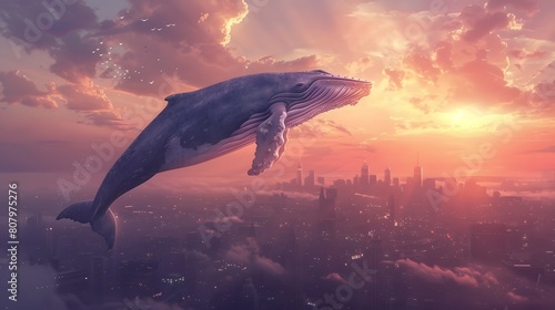 A surreal digital artwork of a giant whale floating gracefully above an urban cityscape during a vibrant sunset.