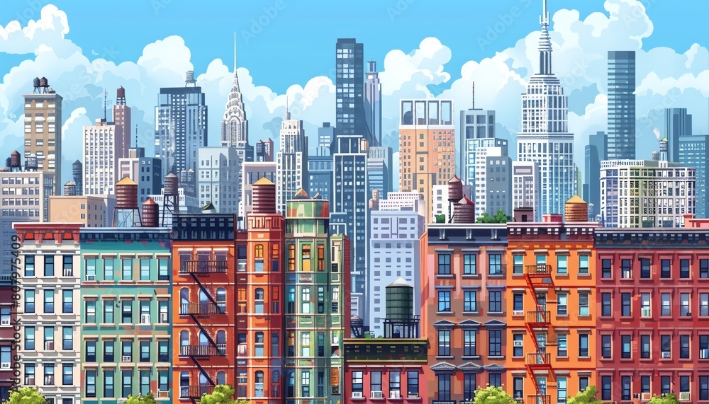 vibrant, bustling cityscape where each building represents a different feature or aspect of a comprehensive learning management system Render in pixel art for a nostalgic yet innovative l vibrant, bustling cityscape where each building represents a different feature or aspect of a comprehensive learning management system Render in pixel art for a nostalgic yet innovative l