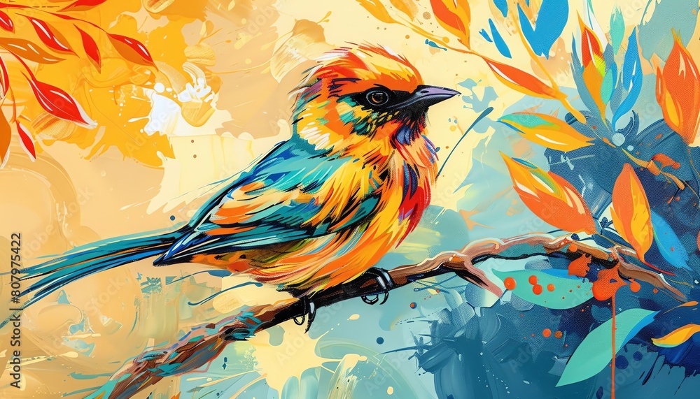 vibrant tropical bird in acrylic, with a focus on its colorful feathers and intricate patterns Infuse the image with a sense of movement and life, creating a dynamic visual representation