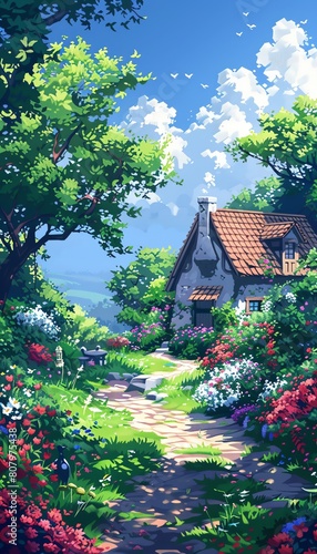 Illustrate contentment in a digital pixel art style at a tilted angle, featuring a serene countryside landscape with a charming cottage and blooming flowers