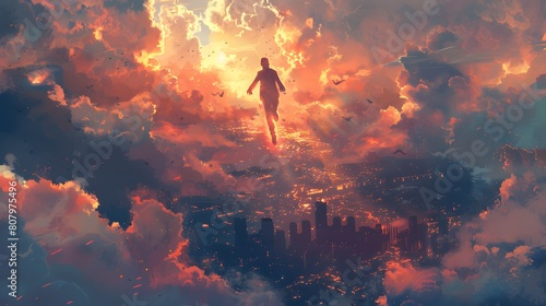 A silhouette of a person appears to soar above a cityscape, bathed in the glowing orange and blue light of sunset amidst dramatic clouds. photo