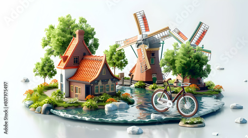 Bike Leaning Next to Dutch Windmills: Sustainable Travel and Picturesque Netherlands 3D Flat Icon Concept in Isometric Scene