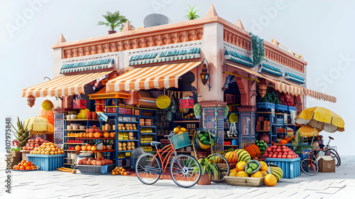 Isometric 3D Flat Icon  Bicycle Among Vibrant Moroccan Market Stalls - A Colorful Glimpse into Local Culture