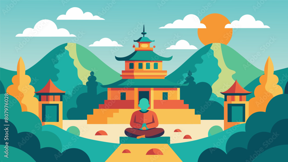 A Buddhist monastery incorporates mindfulness exercises and sensory breaks into their retreats providing a peaceful environment for individuals of all. Vector illustration