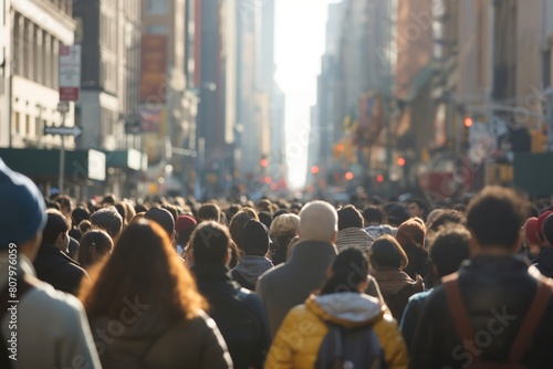Blurred background of a busy urban street crowded with pedestrians photo