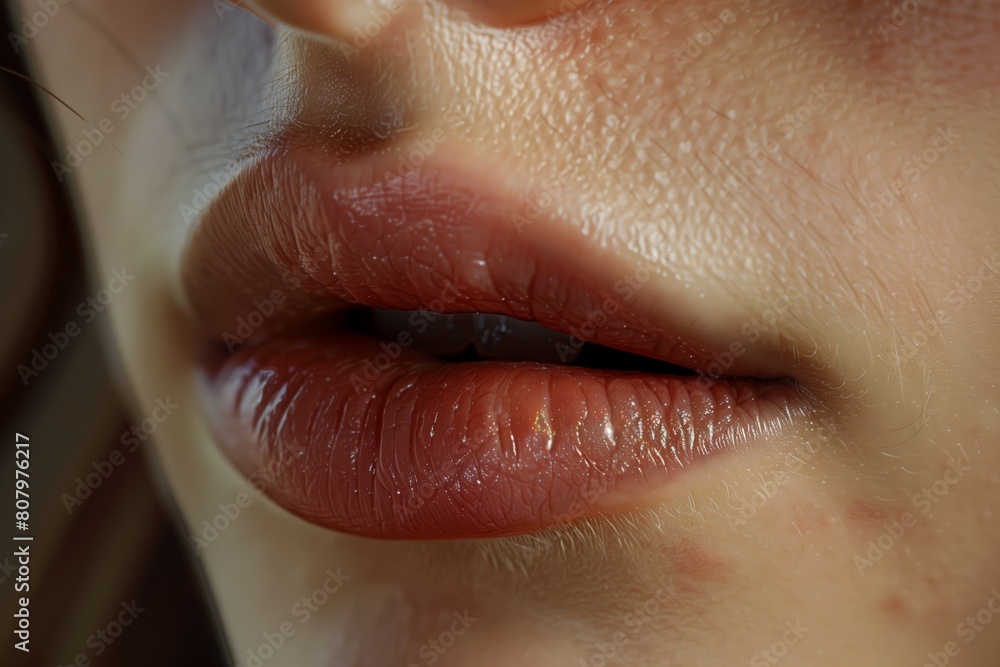 Fototapeta premium Detailed macro photo showcasing human lips with natural skin texture and pink lip color