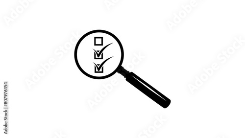 Inspection emblem,magnifying glass with checkboxes, black isolated silhouette