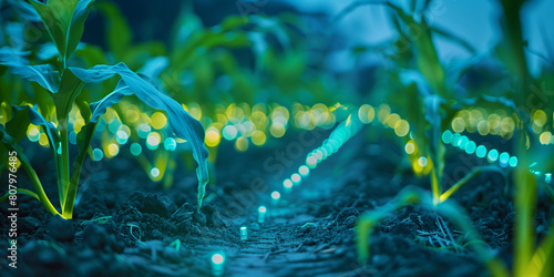 Ethereal image of young corn plants in a field with glowing orbs of light, highlighting sustainable agriculture photo