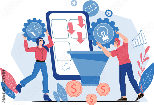 Sales funnel management and increasing conversion rates strategy. Attracting followers and buyers, generating new leads concept.