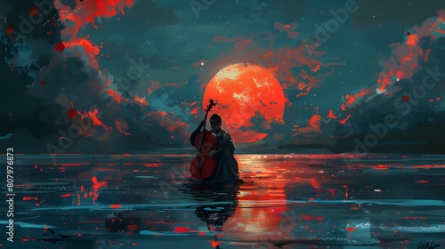 A cellist sits and plays their instrument in shallow water, framed by a vibrant red moon and dark swirling clouds, creating a mystical and artistic atmosphere. photo