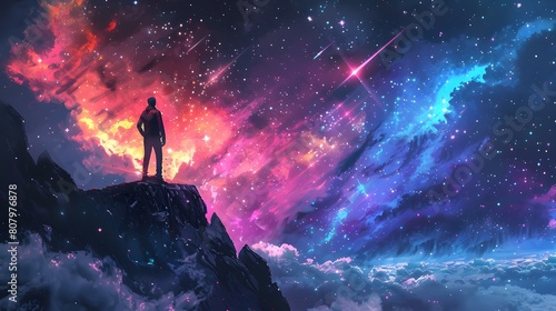 A person stands atop a high cliff, gazing at a vibrant cosmic nebula filled with swirling stars and colorful lights, creating a breathtaking, otherworldly scene.