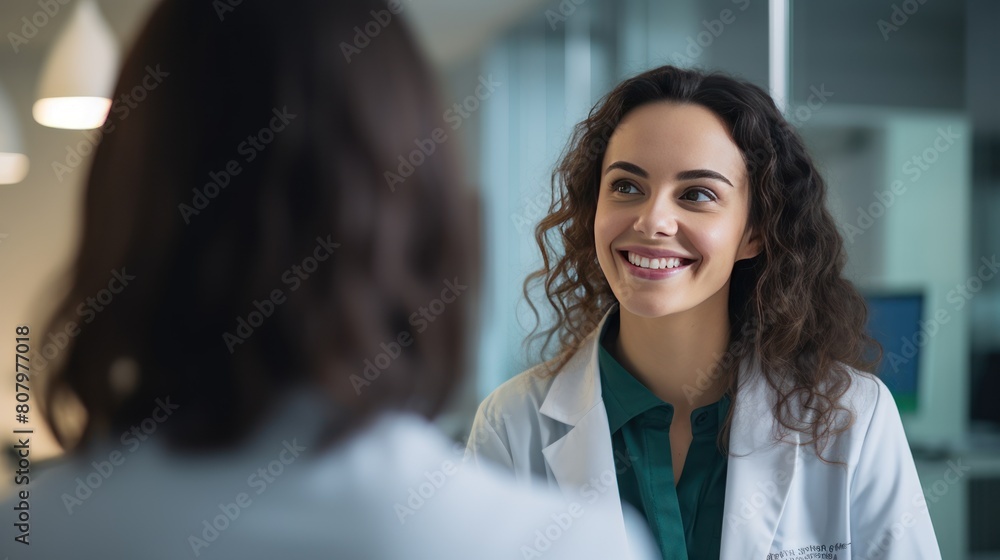 A young female doctor smiling warmly at a patient 