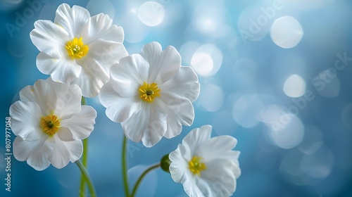 A cluster of delicate white flowers with yellow centers stands out against a soft, blurred blue bokeh background, creating a serene and elegant scene.