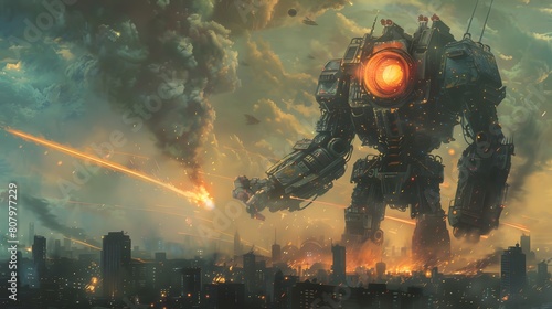 A towering battle mech unleashes destruction on a futuristic city as explosions and chaos fill the smoky sky in this digital artwork. photo