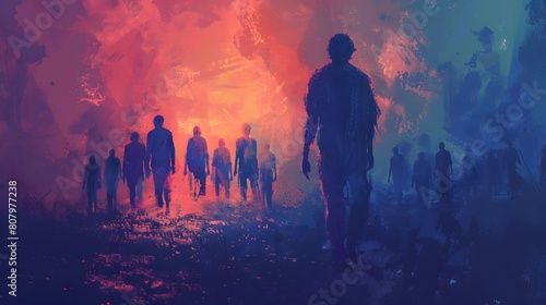 An illustration featuring silhouetted figures walking in a group towards a radiant  colorful light  creating an atmosphere of mystery and unity.