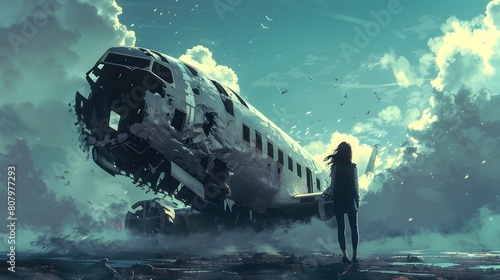 Illustration of a girl standing near the wreckage of an abandoned airplane, silhouetted against a dramatic, cloud-filled sky, conveying mystery and exploration. photo
