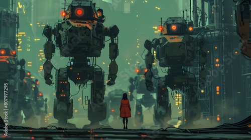 Illustration of a girl in a red coat standing before towering robots with glowing eyes in a dimly lit futuristic factory setting.