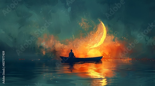 A digital illustration of a silhouetted person sitting in a boat, admiring a stunning moonrise that illuminates the night sky with fiery hues reflected in the tranquil water.
