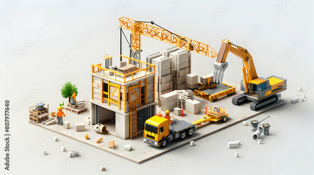 3D Flat Icon of Crane Operator Lifting Precast Concrete Panels in Isometric Scene for Construction Efficiency and Timeline Management 3D Flat Icon of Crane Operator Lifting Precast Concrete Panels in Isometric Scene for Construction Efficiency and Timeline Management
