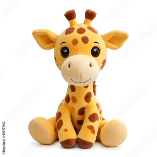 A cute plush toy giraffe with a spotted pattern  large eyes  and a friendly expression