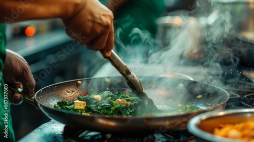 A chef cooking fragrant saag paneer, a classic North Indian dish with spinach and cheese photo