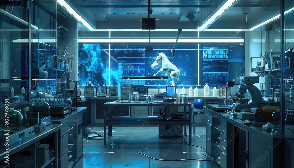 High-Tech Laboratory Setting with Animal Models on Display - This prompt could depict a modern laboratory environment with advanced equipment and technology, including animal models High-Tech Laboratory Setting with Animal Models on Display - This prompt could depict a modern laboratory environment with advanced equipment and technology, including animal models