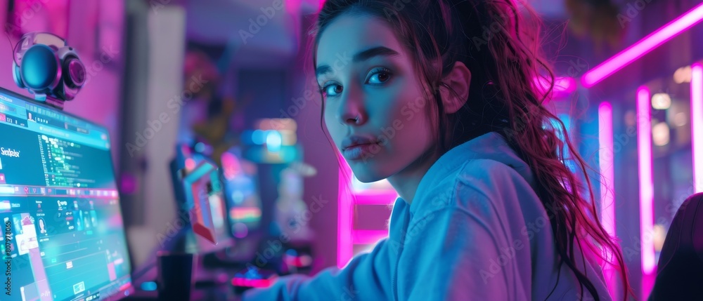 The picture shows a young girl focused on playing a video game on her desktop computer. A stylish streamer is playing a video game with Internet players near her in a futuristic neon studio The picture shows a young girl focused on playing a video game on her desktop computer. A stylish streamer is playing a video game with Internet players near her in a futuristic neon studio