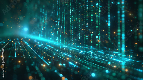 Cybersecurity in industrial networks, holographic firewall interface, dark theme with green and blue coding lines