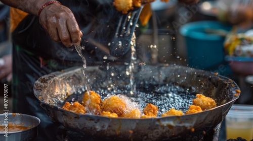A chef frying crispy pakoras in bubbling hot oil, a popular Indian snack