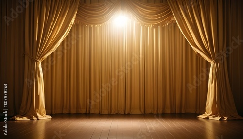 Golden curtains on a wooden stage  with a warm and inviting lighting