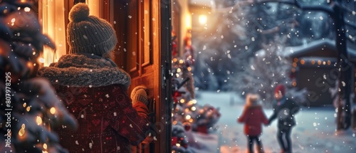 Christmas holiday scene with a grandma visiting family on a snowy winter evening. Young female opens the door and grandchildren run to meet grandma with Holiday gifts.
