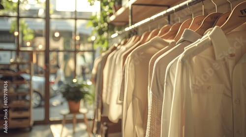 Wooden hangers holding shirts and blouses. A rack of chic, casual items in soft colors is displayed. The light from large windows creates a warm atmosphere. 