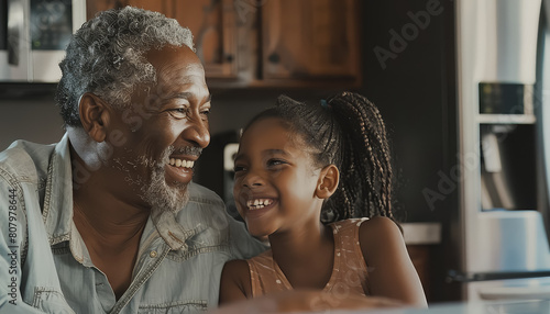 A young girl is smiling at an older man