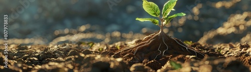 A captivating 3D model of a seed nestled in fertile soil with roots starting to develop, representing the potential for growth  ,3D style