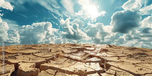 Parched LandA vast landscape with dry, cracked earth, yearning for rain to break the heatwave