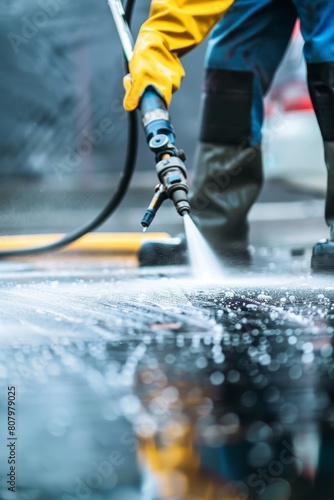 Workers using pressure washer for deep cleaning driveway with copy space professional cleaning service 