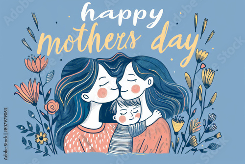 mother and child bond, lettering "happy mothers day", illustration, minimalistic line drawing
