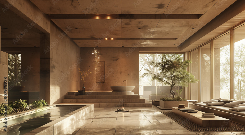 The interior design of the living room is based on a harmonious balance between modernity and nature. Natural earthy colors, delicate textures and simple but functional forms promote relaxation The interior design of the living room is based on a harmonious balance between modernity and nature. Natural earthy colors, delicate textures and simple but functional forms promote relaxation